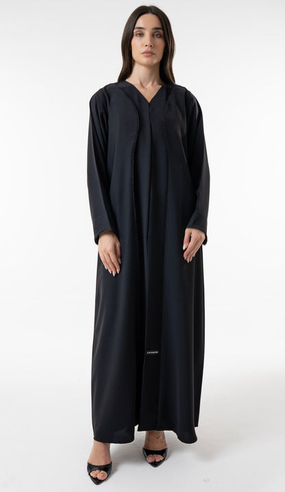 Black V-Neck Abaya With Curved Panel Lace Detail