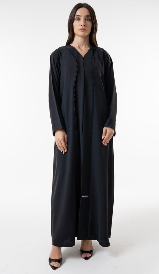 Black V-Neck Abaya With Curved Panel Lace Detail