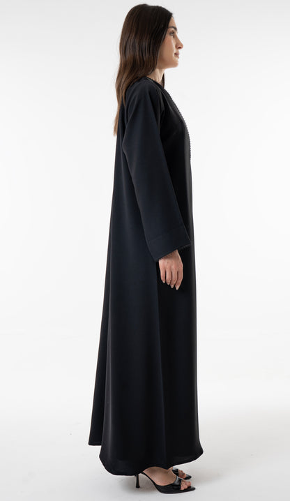 Black V-Neck Abaya With Curved Panel Lace Detail