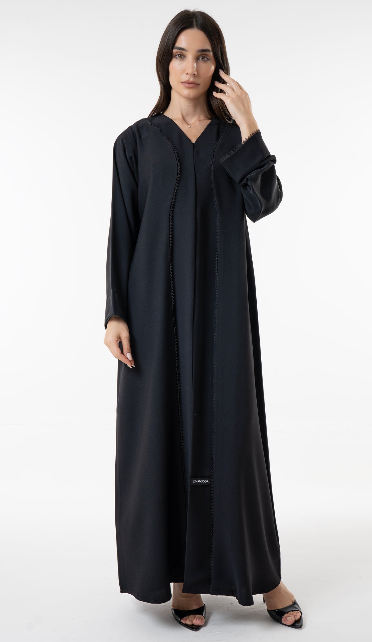 Black V-Neck Abaya With Curved Panel Lace Detail