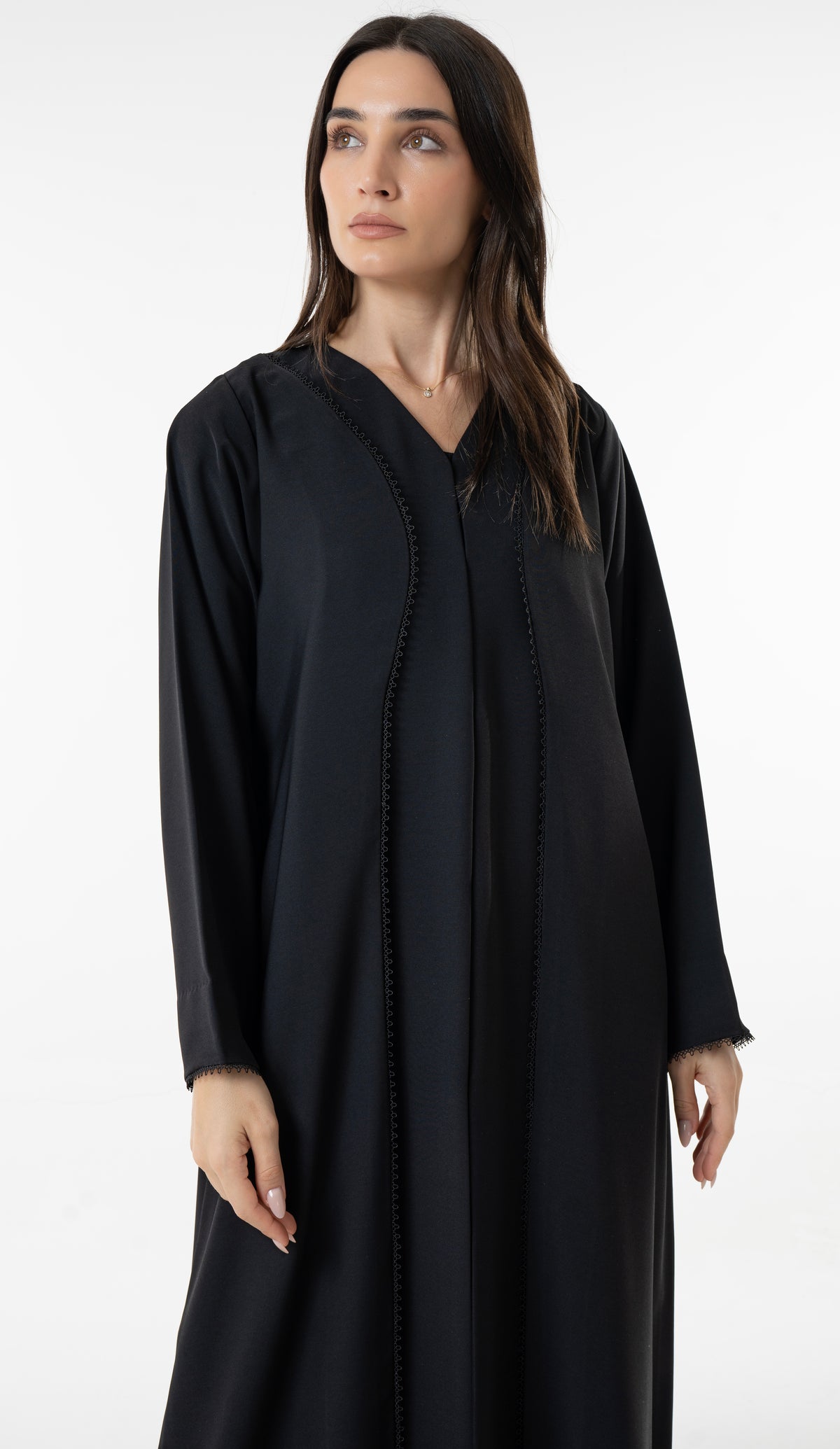 Black V-Neck Abaya With Curved Panel Lace Detail