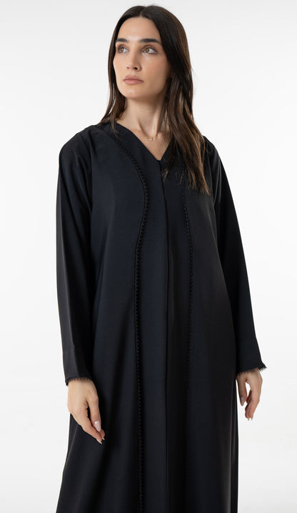 Black V-Neck Abaya With Curved Panel Lace Detail