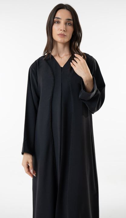 Black V-Neck Abaya With Curved Panel Lace Detail