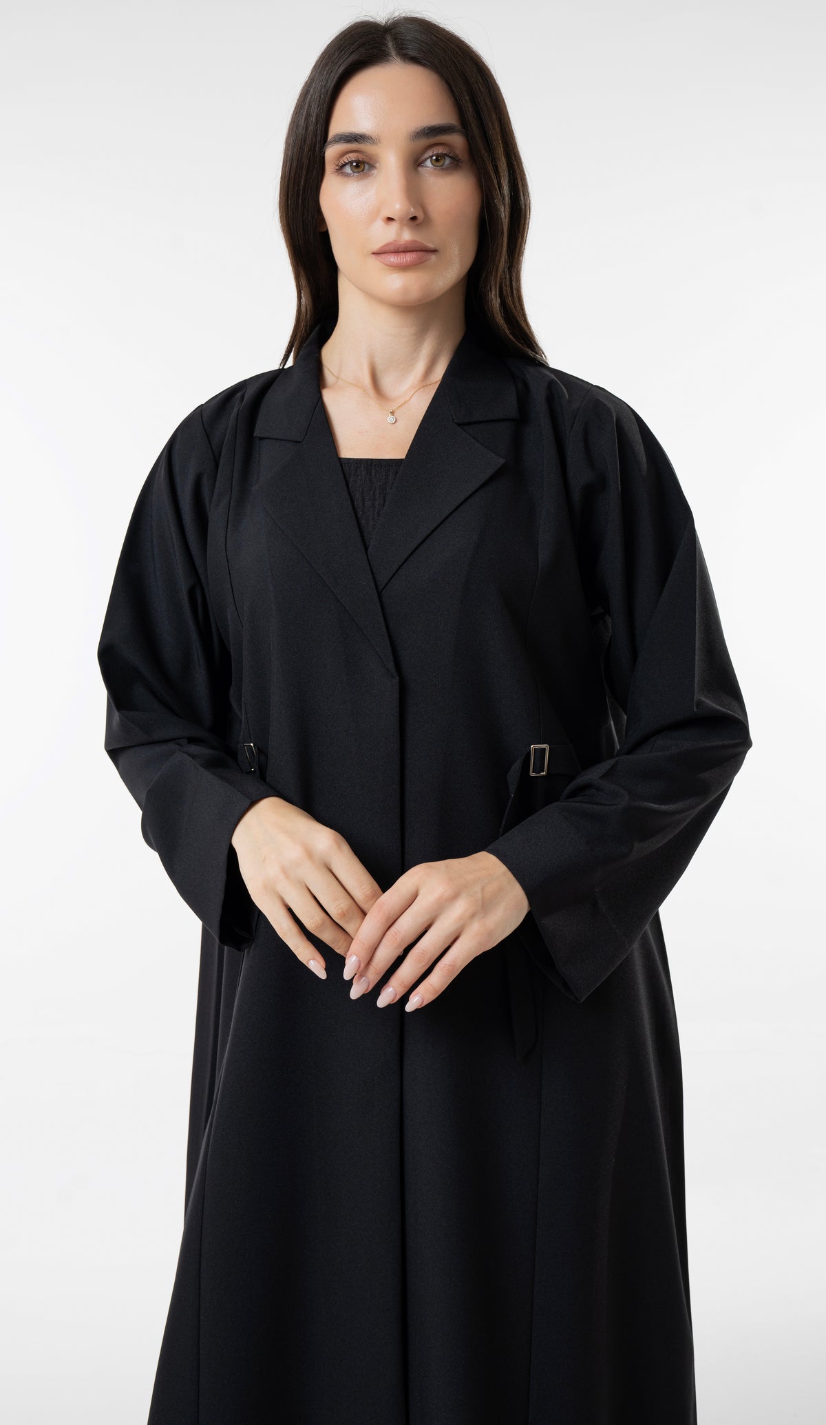 Black Tailored Abaya With Side Waist Buckle Detail