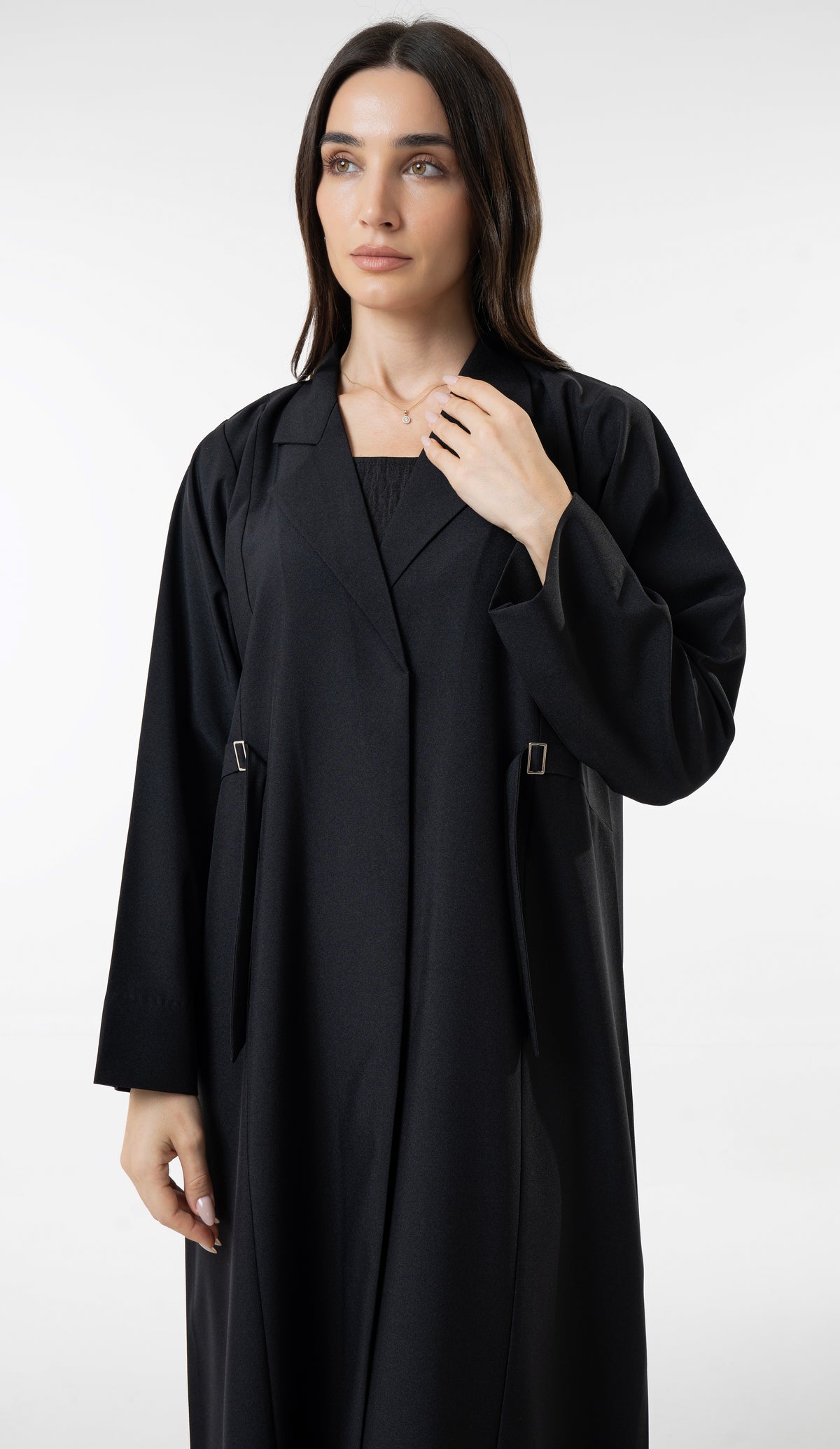 Black Tailored Abaya With Side Waist Buckle Detail