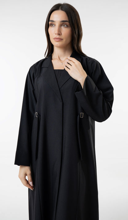 Black Tailored Abaya With Side Waist Buckle Detail
