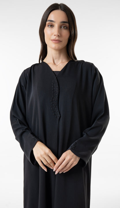 Classic Black Abaya With Embroidered Front And Sleeves