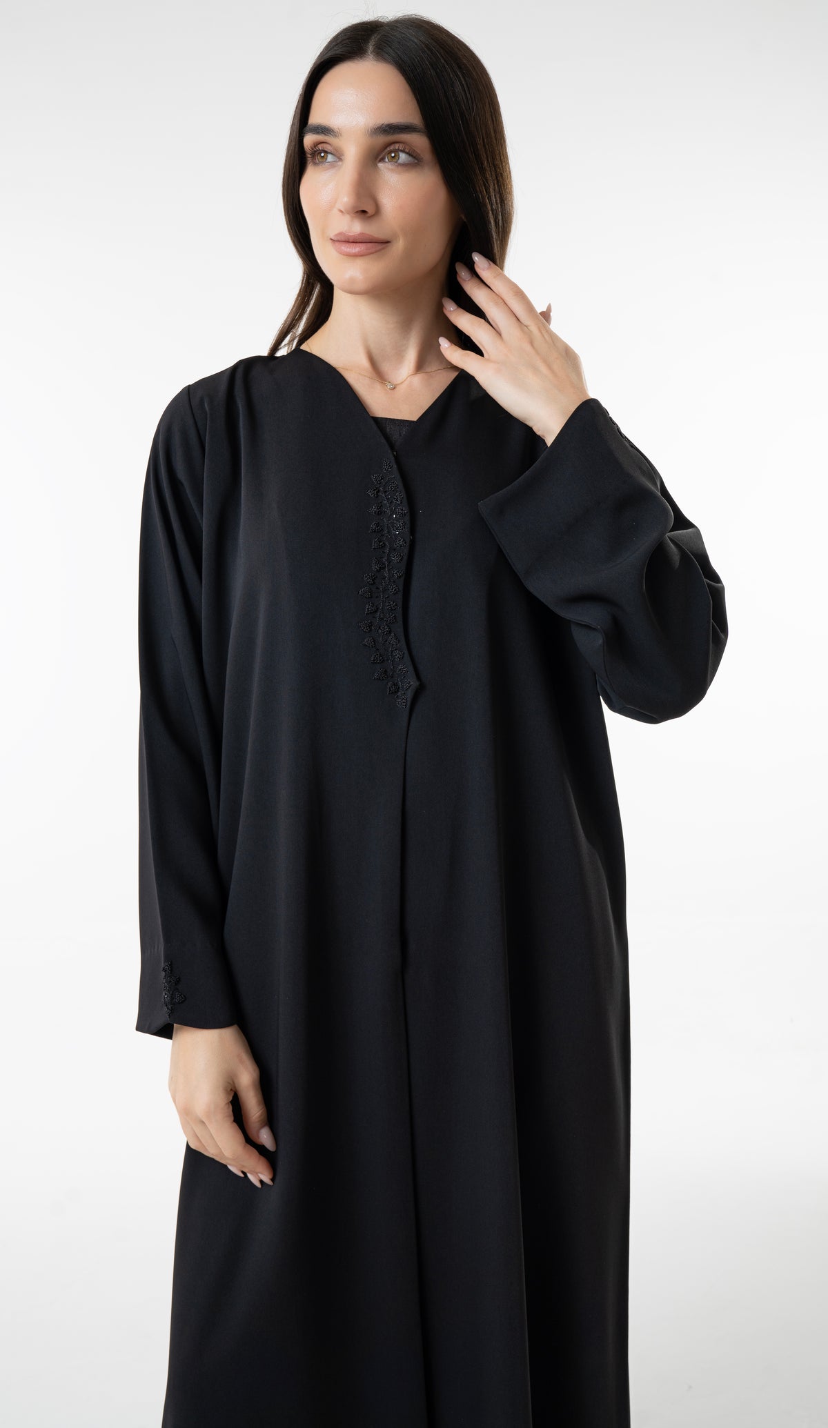 Classic Black Abaya With Embroidered Front And Sleeves