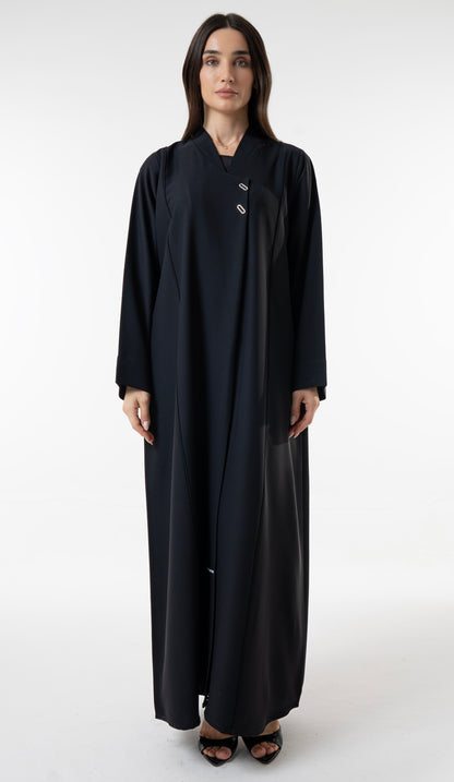 Black Overlap Abaya With Oval Metal Fasteners