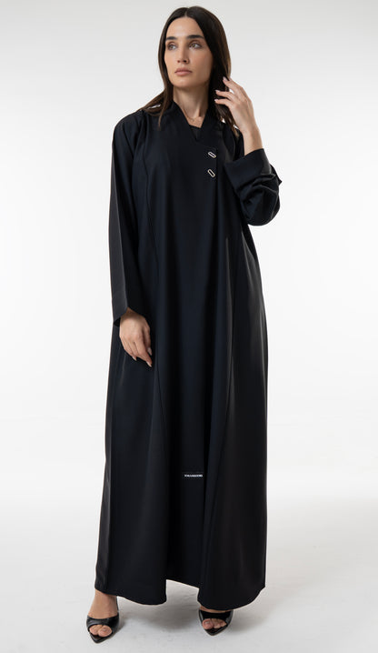 Black Overlap Abaya With Oval Metal Fasteners