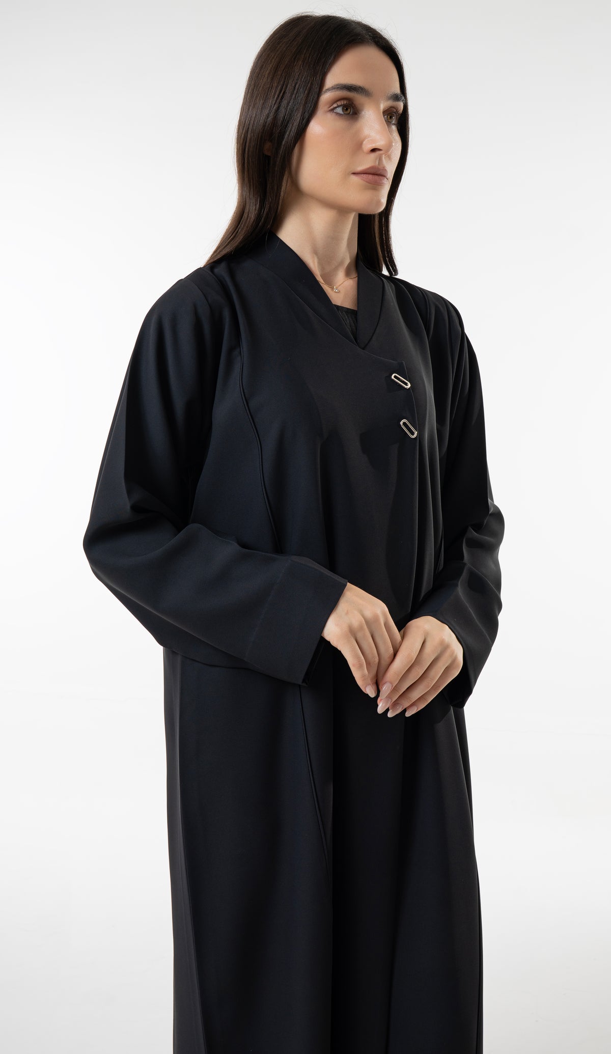 Black Overlap Abaya With Oval Metal Fasteners