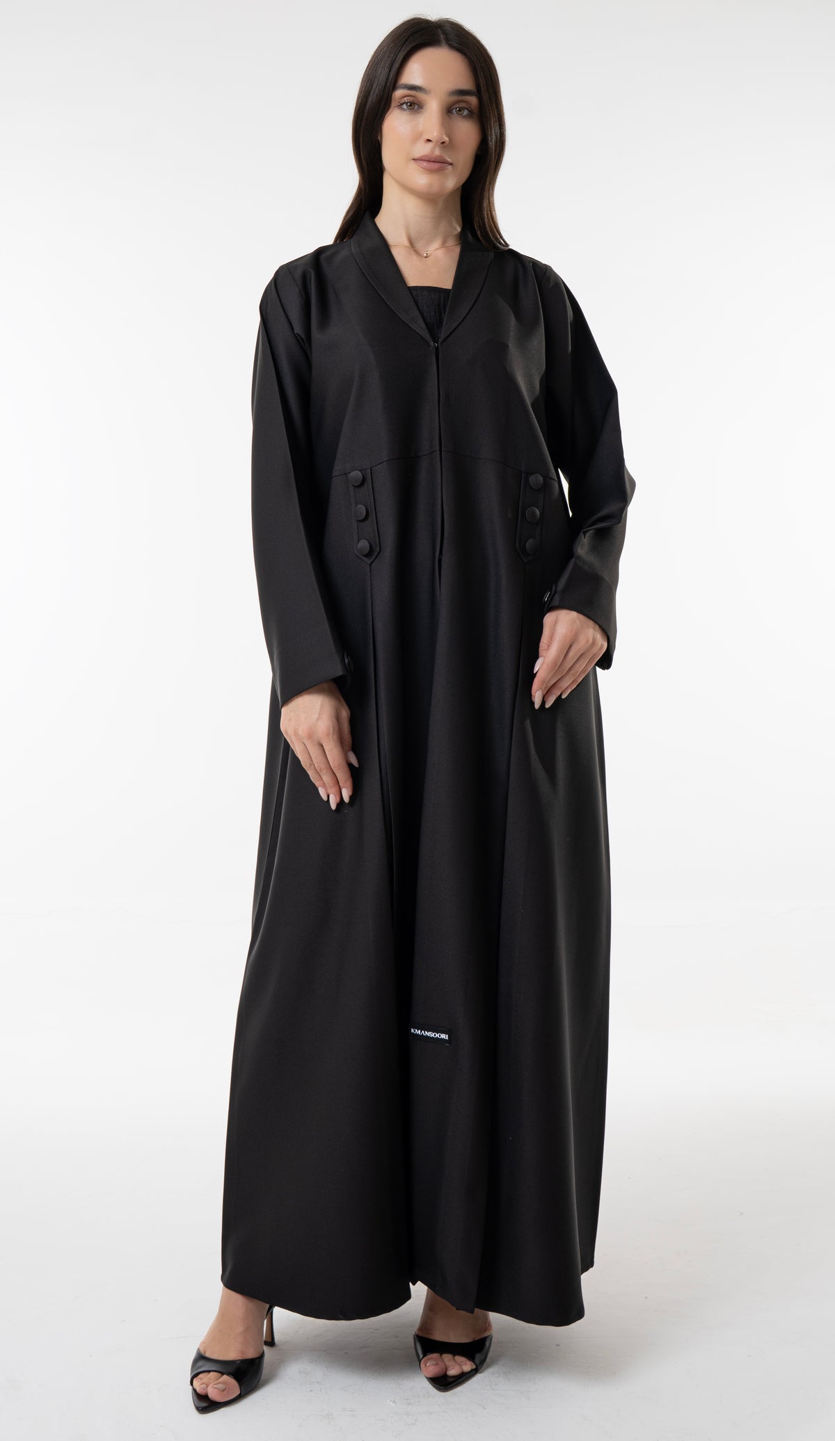 Black Flowy Abaya With Covered Buttons And Button Cuffs