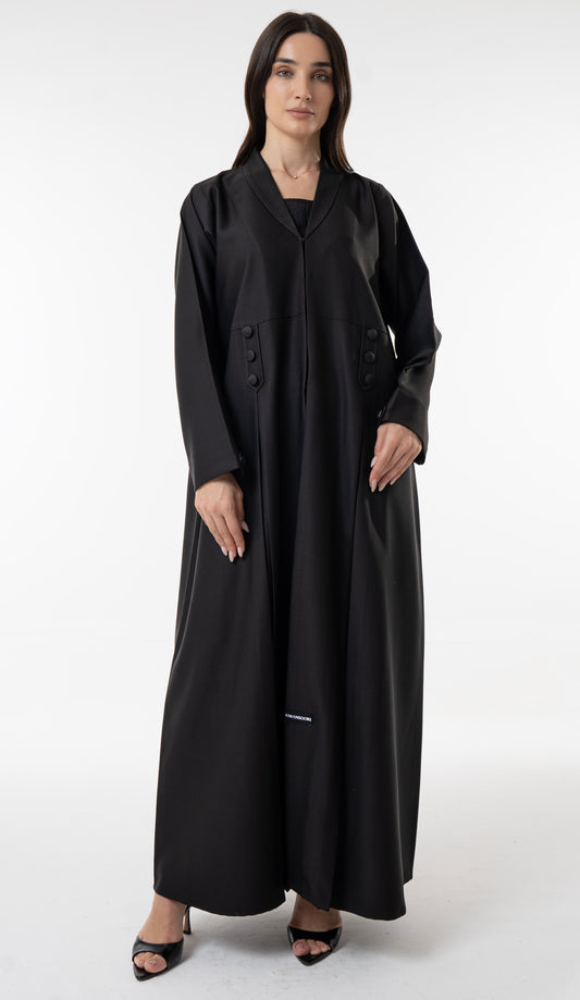 Black Flowy Abaya With Covered Buttons And Button Cuffs