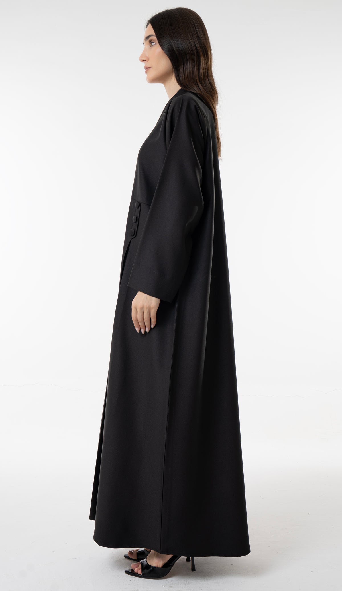 Black Flowy Abaya With Covered Buttons And Button Cuffs