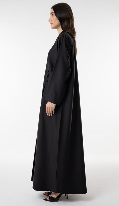 Black Flowy Abaya With Covered Buttons And Button Cuffs