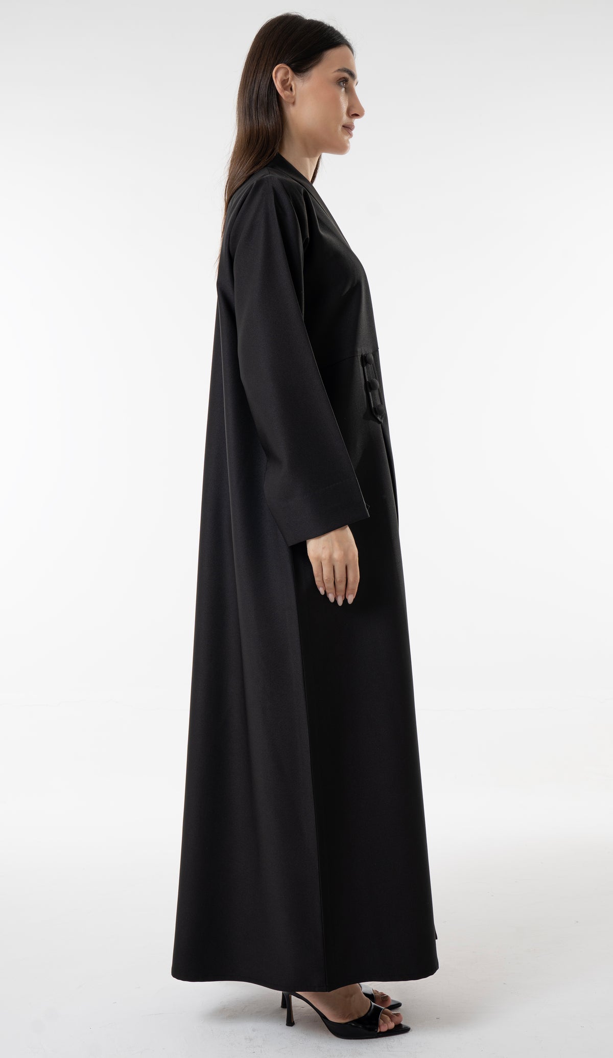 Black Flowy Abaya With Covered Buttons And Button Cuffs