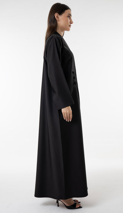 Black Flowy Abaya With Covered Buttons And Button Cuffs