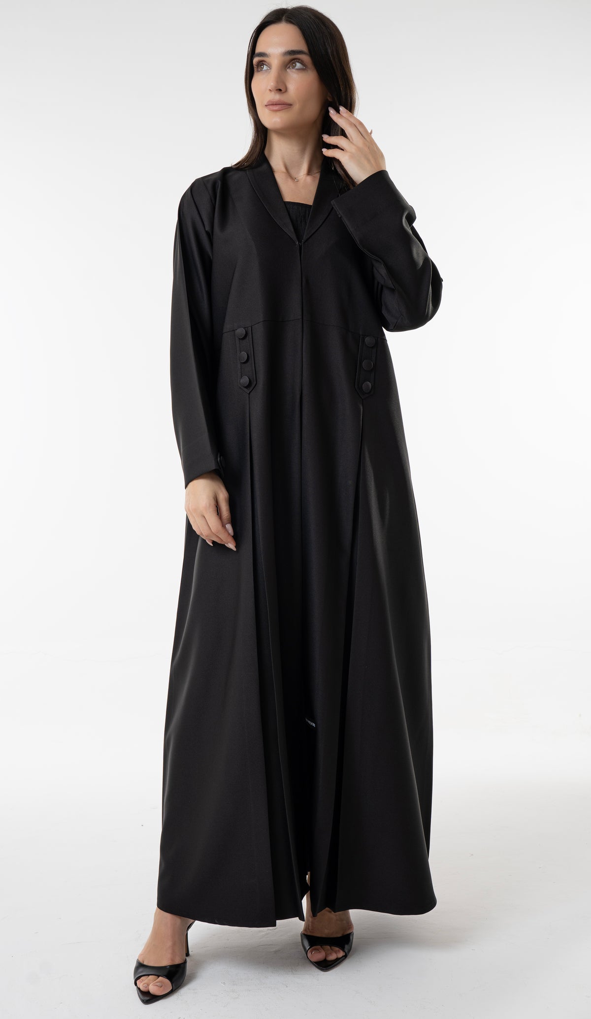 Black Flowy Abaya With Covered Buttons And Button Cuffs