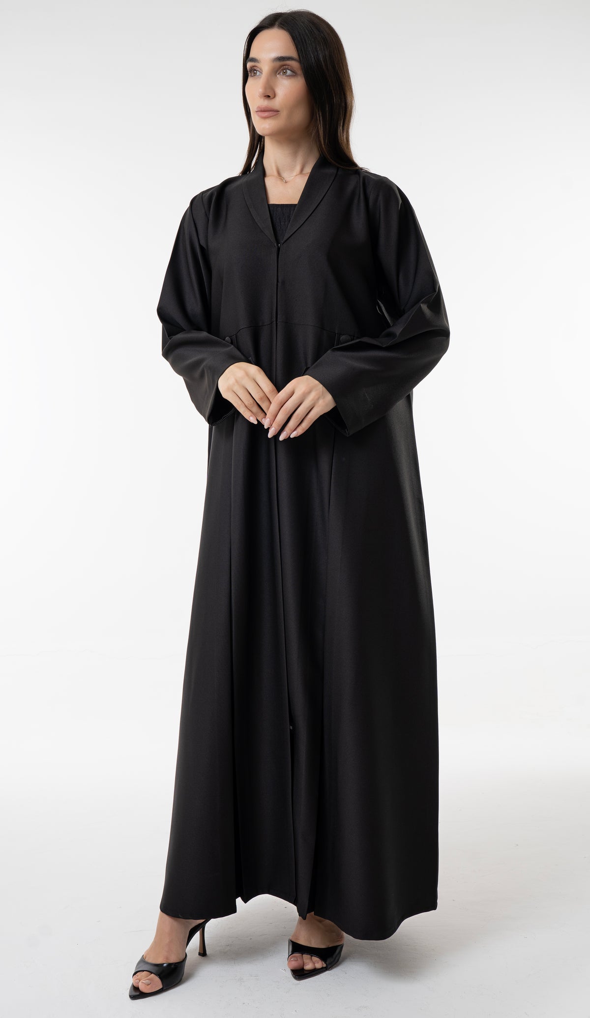 Black Flowy Abaya With Covered Buttons And Button Cuffs