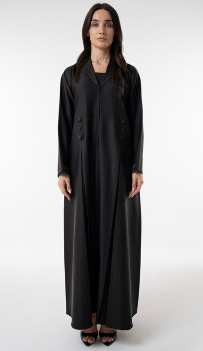 Black Flowy Abaya With Covered Buttons And Button Cuffs