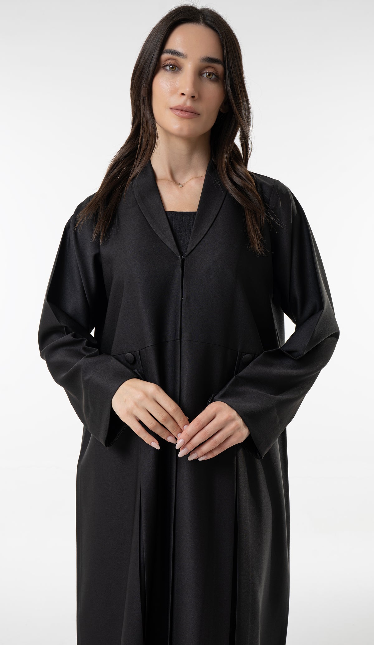 Black Flowy Abaya With Covered Buttons And Button Cuffs