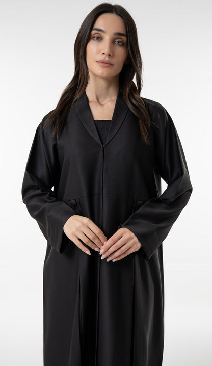 Black Flowy Abaya With Covered Buttons And Button Cuffs
