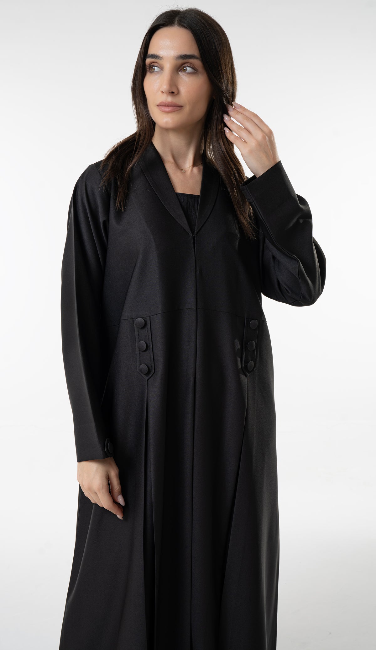 Black Flowy Abaya With Covered Buttons And Button Cuffs