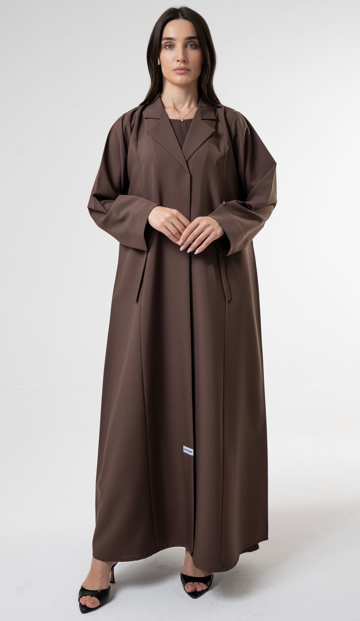 Brown Tailored Abaya With Side Waist Buckle Detail