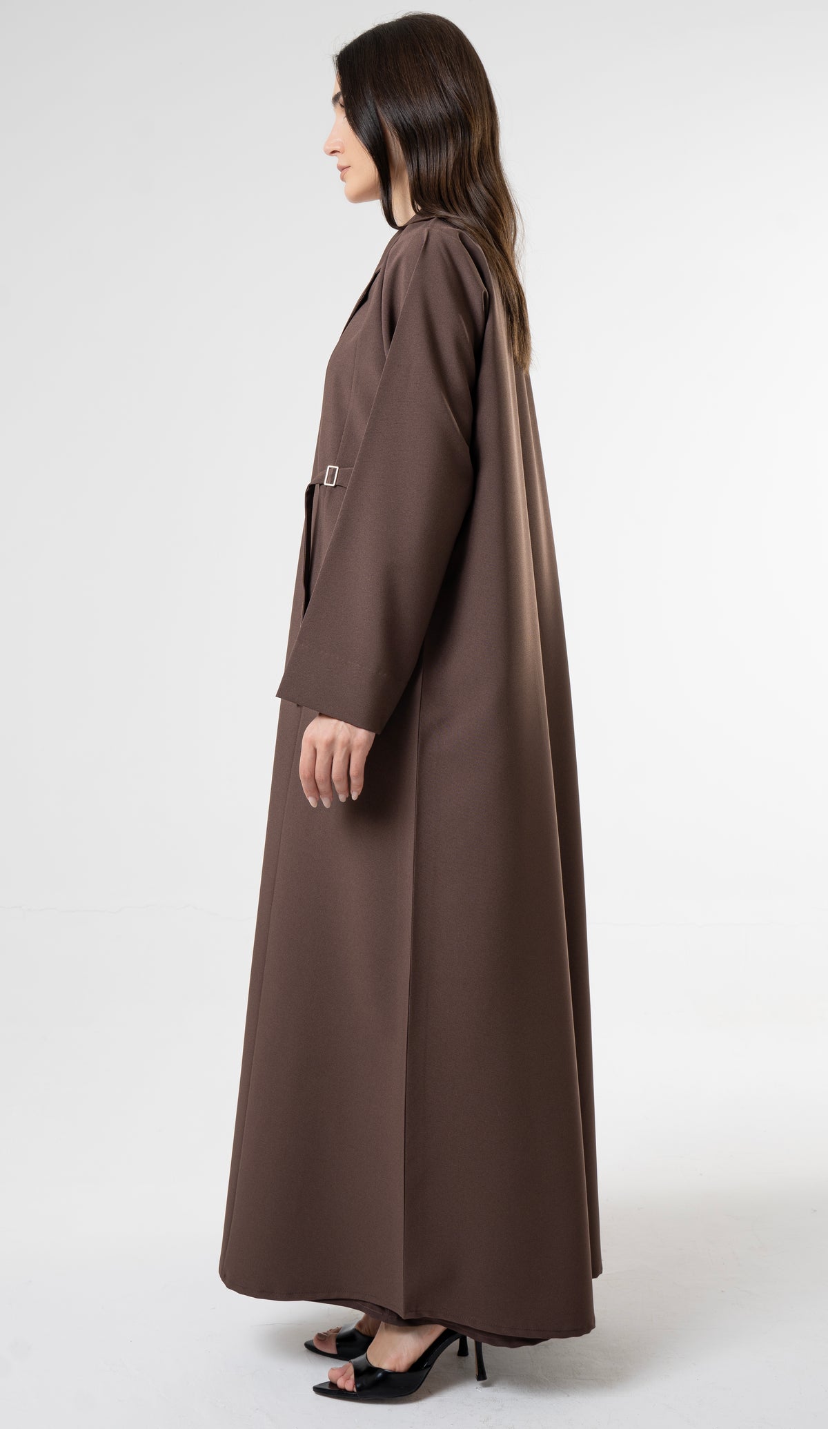 Brown Tailored Abaya With Side Waist Buckle Detail