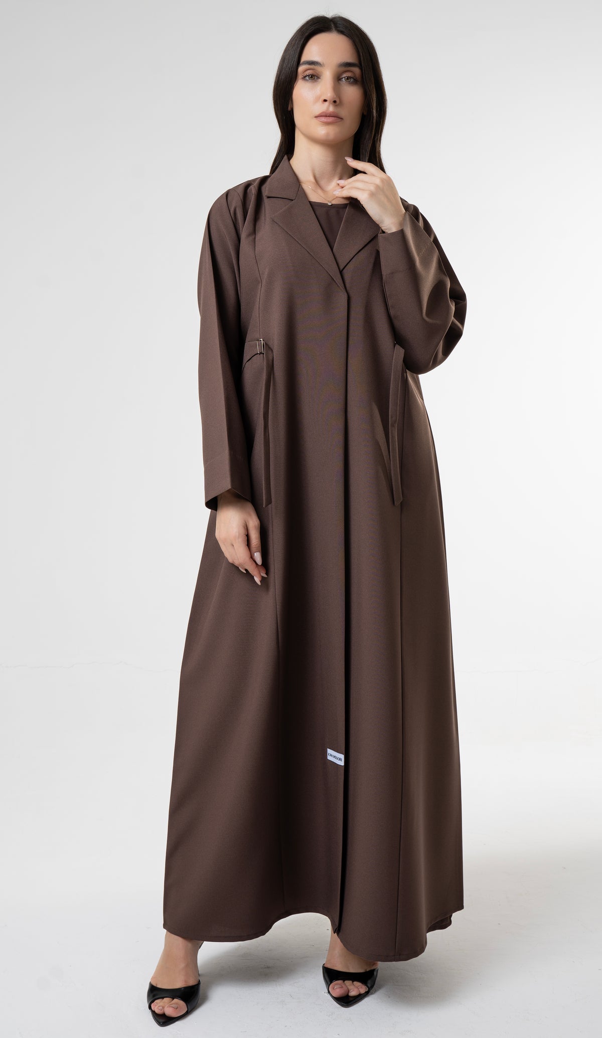 Brown Tailored Abaya With Side Waist Buckle Detail
