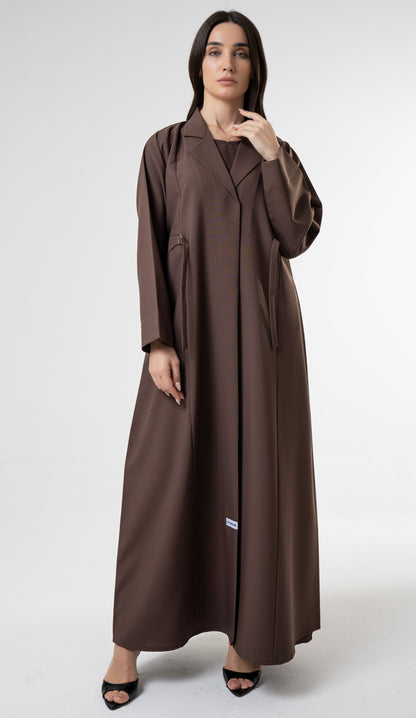 Brown Tailored Abaya With Side Waist Buckle Detail