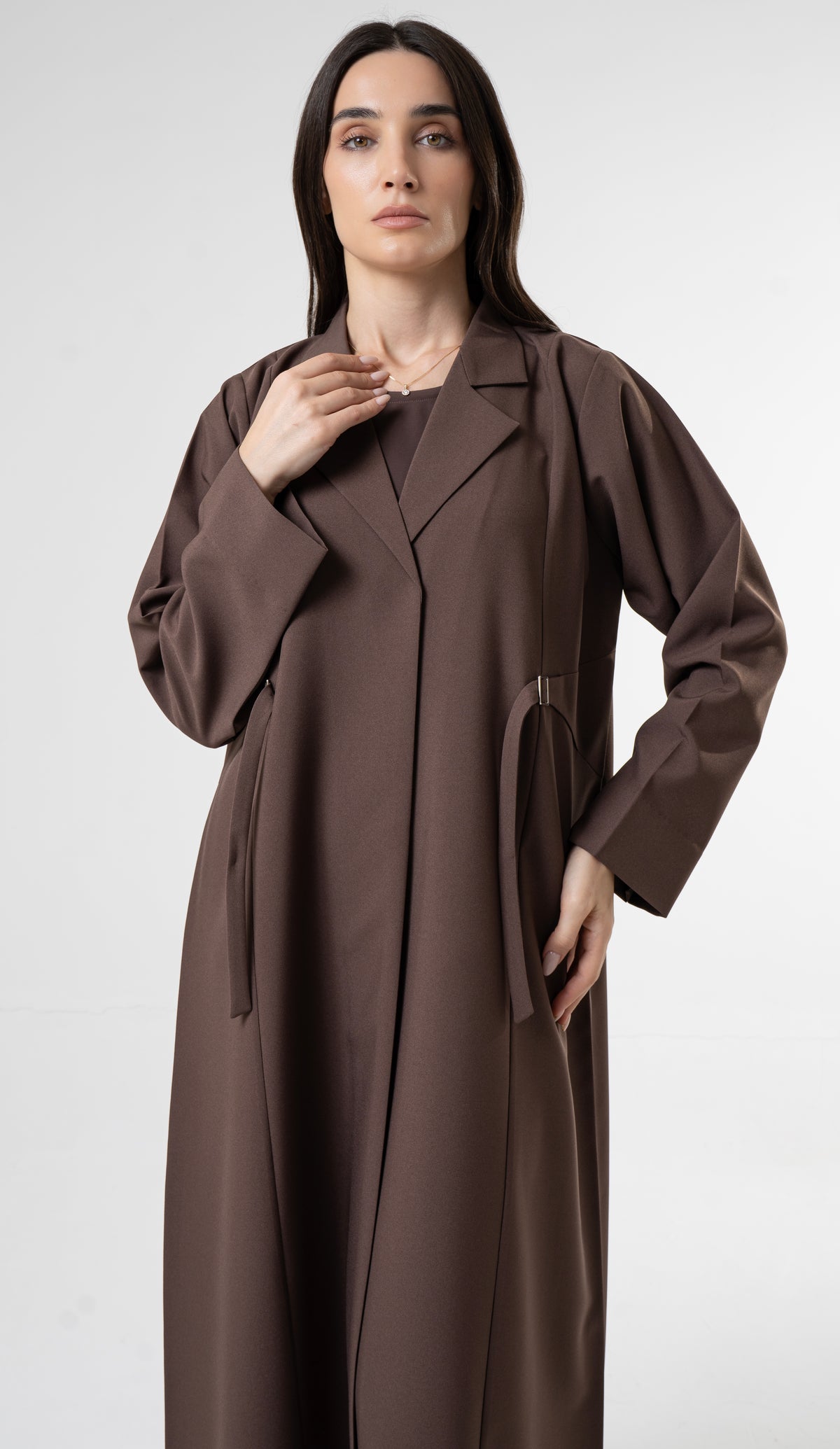 Brown Tailored Abaya With Side Waist Buckle Detail