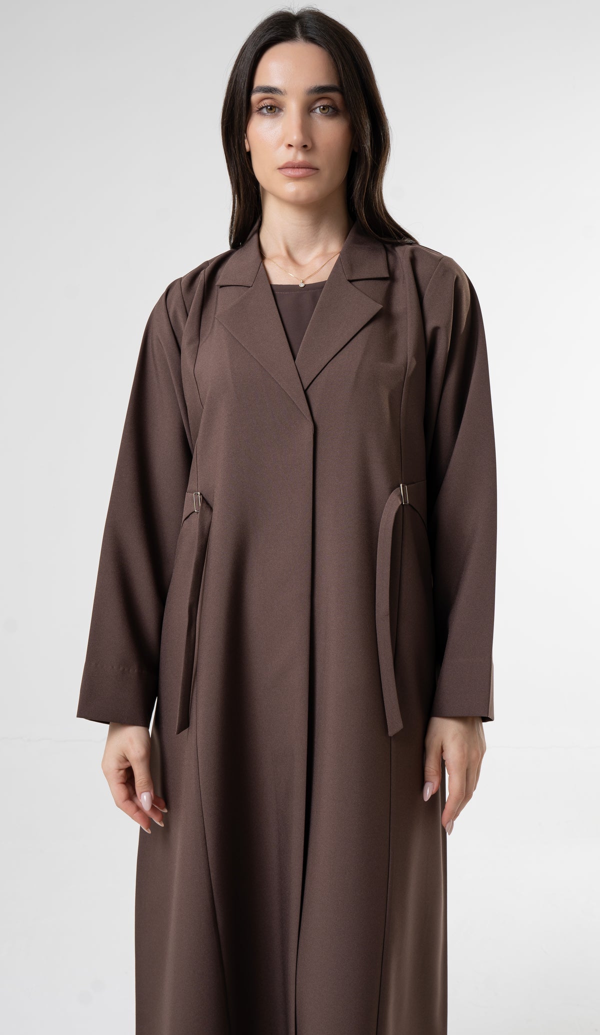 Brown Tailored Abaya With Side Waist Buckle Detail