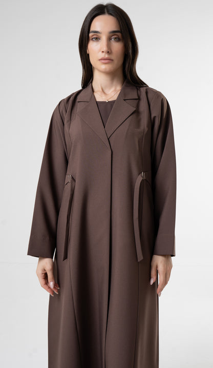 Brown Tailored Abaya With Side Waist Buckle Detail