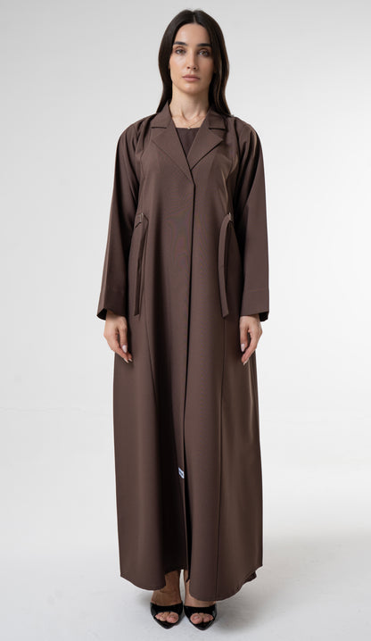 Brown Tailored Abaya With Side Waist Buckle Detail