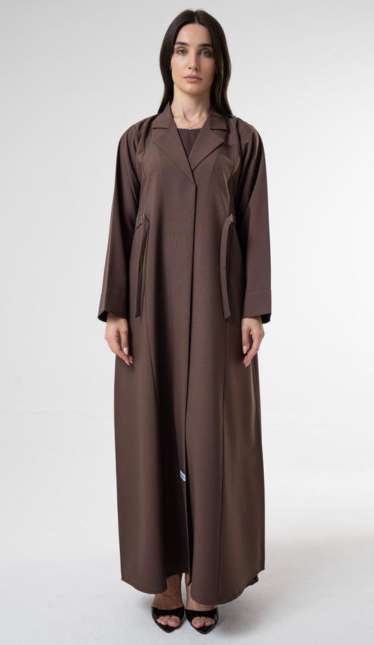 Brown Tailored Abaya With Side Waist Buckle Detail
