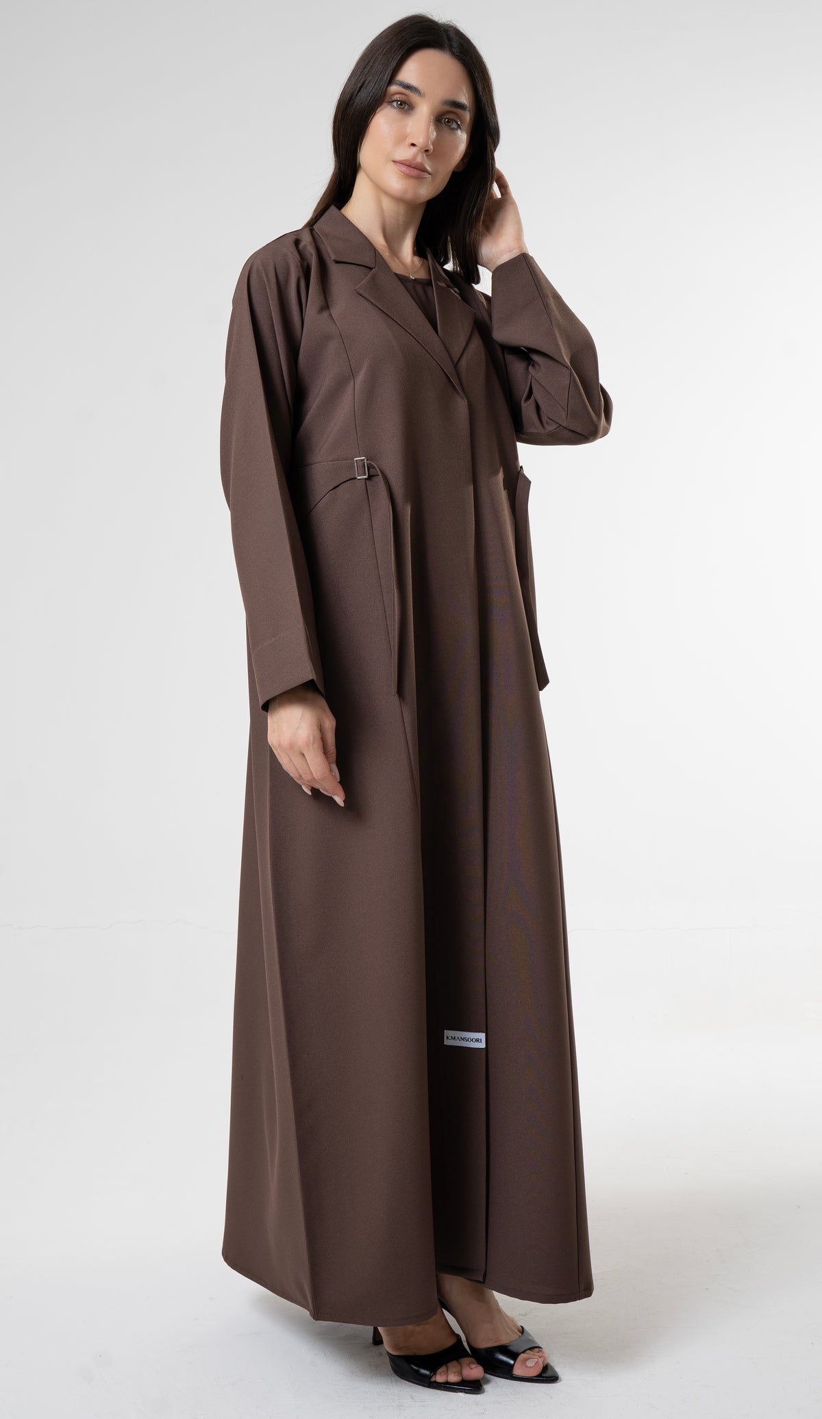 Brown Tailored Abaya With Side Waist Buckle Detail