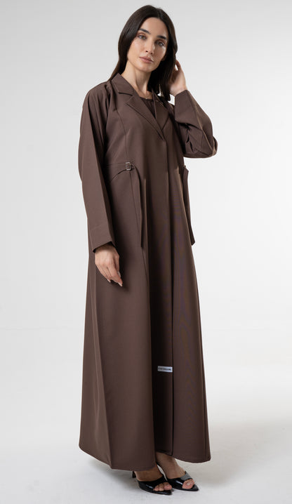 Brown Tailored Abaya With Side Waist Buckle Detail