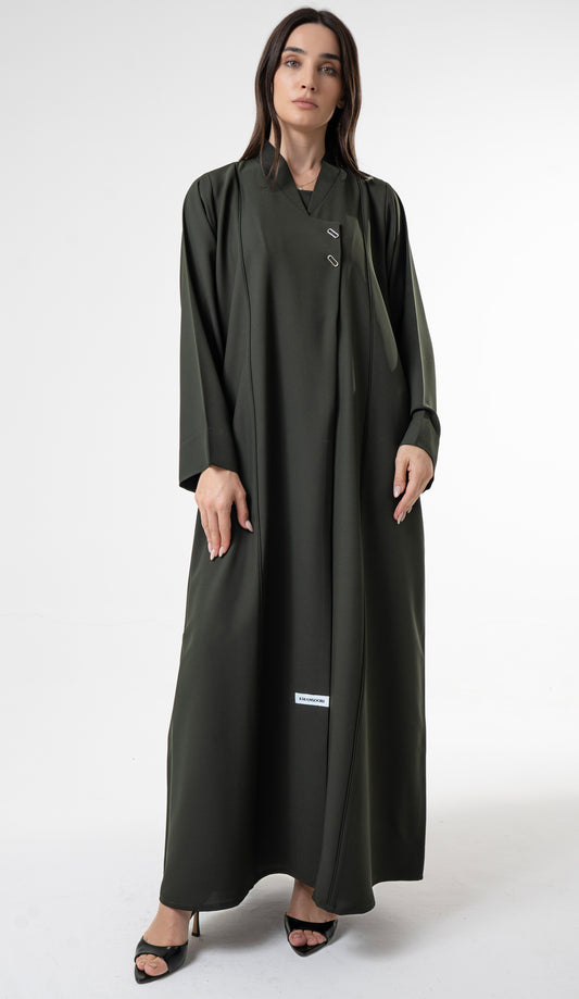 Green Overlap Abaya With Oval Metal Fasteners