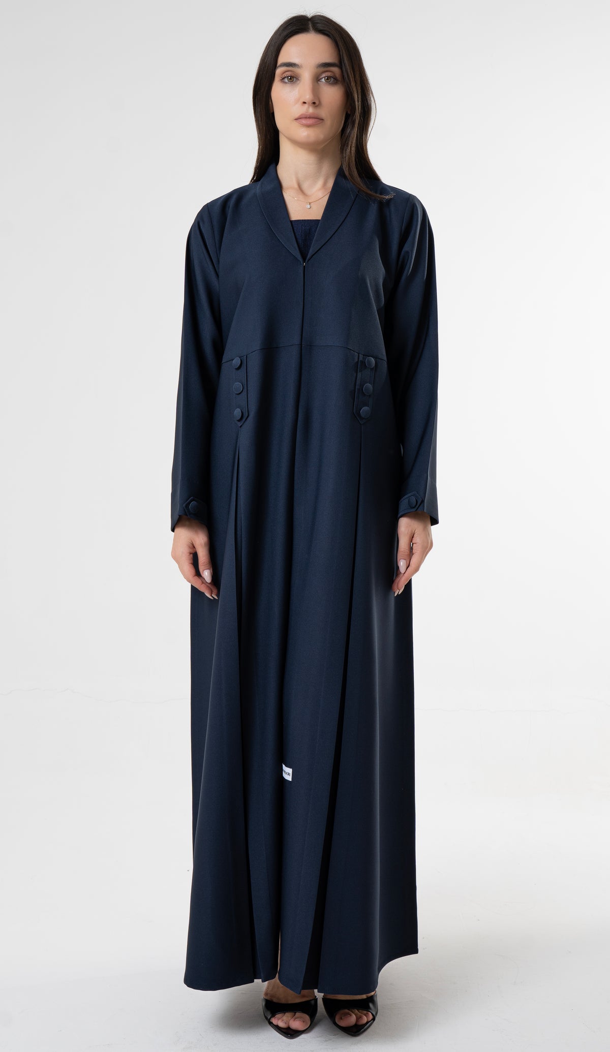 Blue Flowy Abaya With Covered Buttons And Button Cuffs