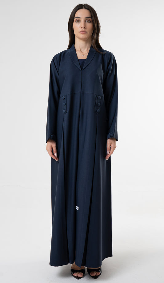 Blue Flowy Abaya With Covered Buttons And Button Cuffs