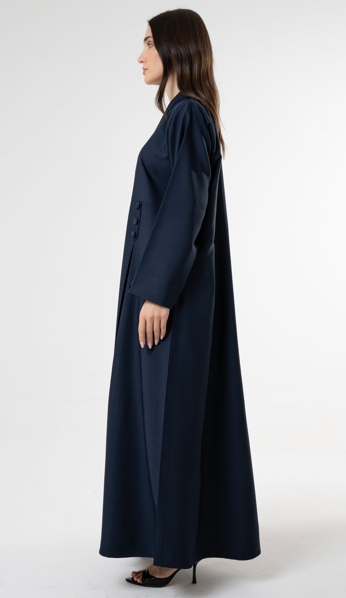 Blue Flowy Abaya With Covered Buttons And Button Cuffs