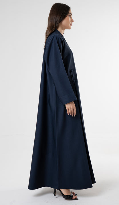 Blue Flowy Abaya With Covered Buttons And Button Cuffs