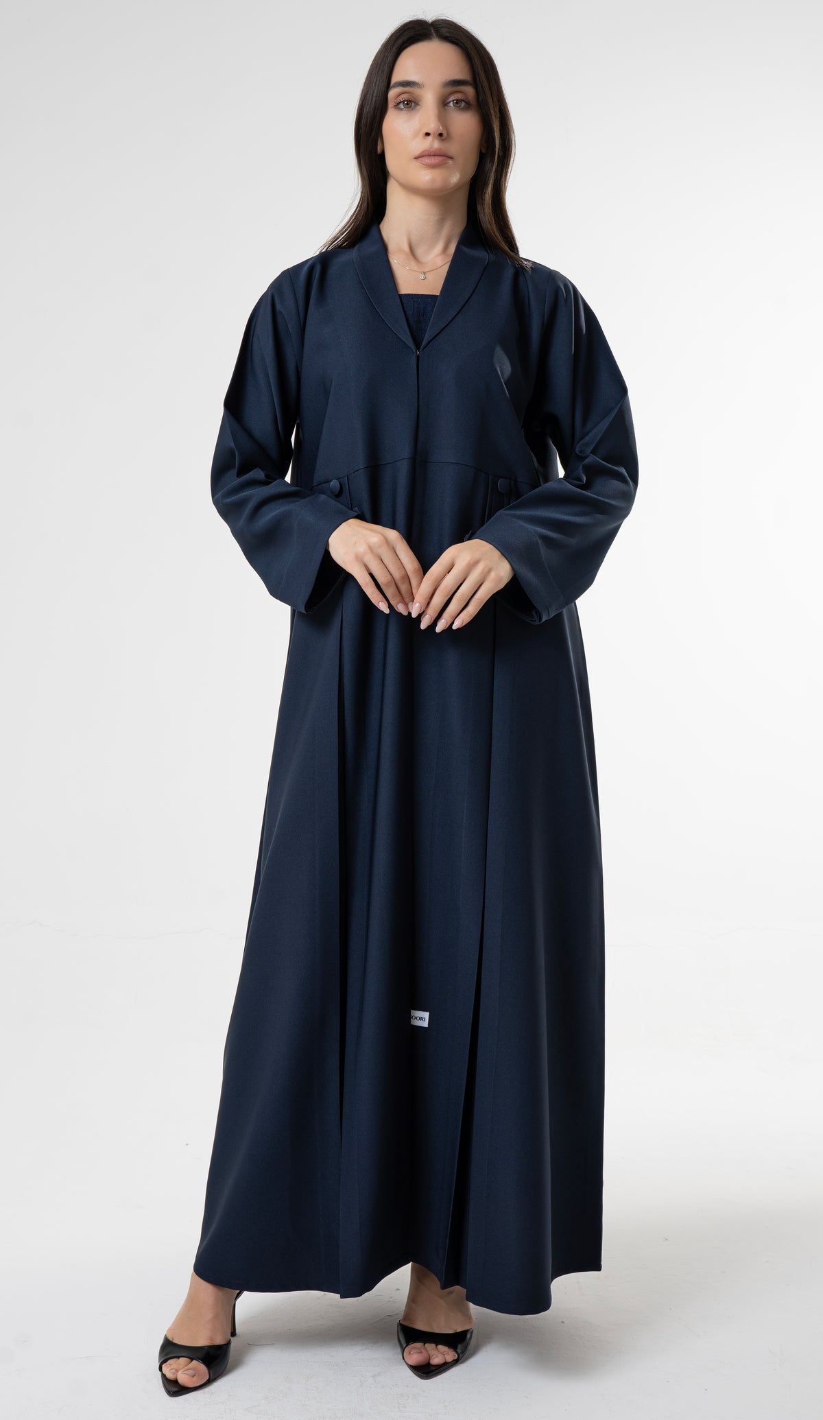 Blue Flowy Abaya With Covered Buttons And Button Cuffs