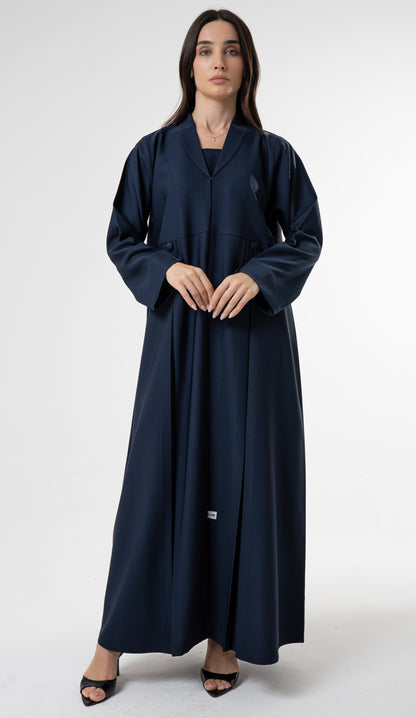 Blue Flowy Abaya With Covered Buttons And Button Cuffs