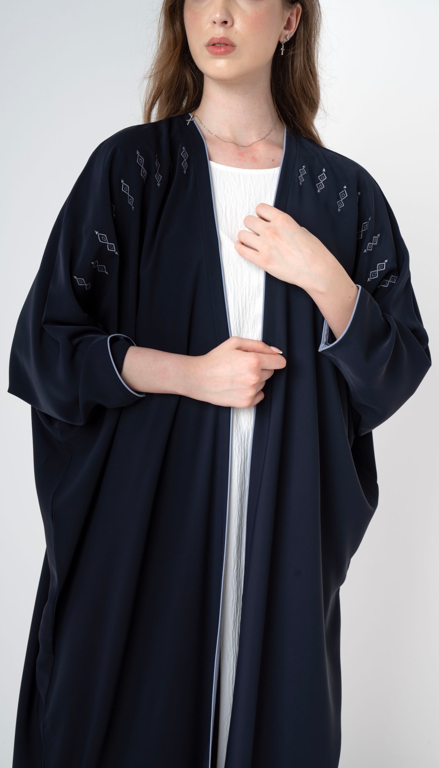 Embroidered Baharaini Style Abaya With Piping Detail