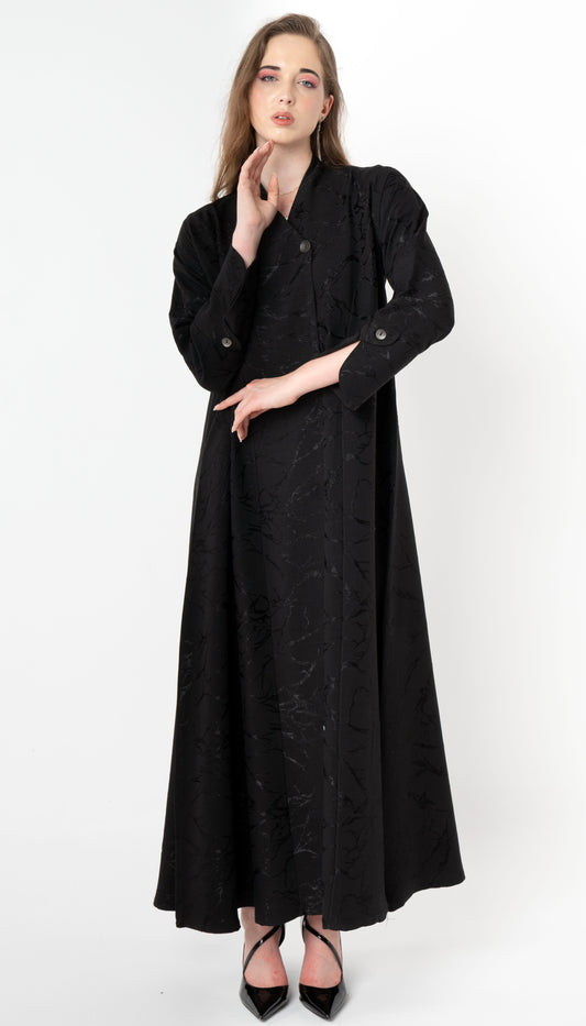 Black Printed Abaya With Patterned Buttoned Sleeves