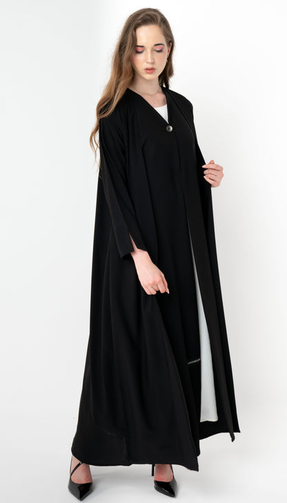 Double Layered Abaya With Elegantly Embellished Button Adorning The Front
