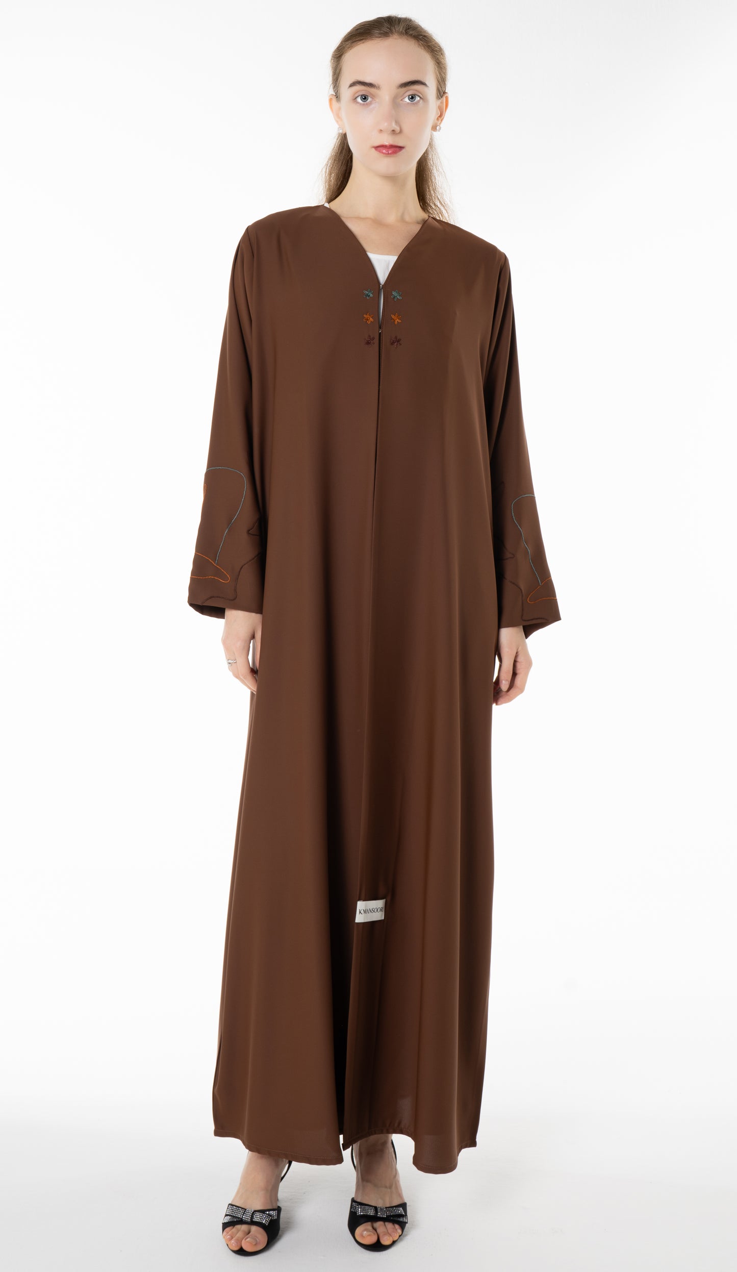Elegant Brown Abaya with Floral Threadwork Detailing