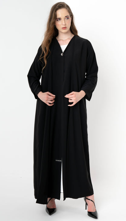 Double Layered Abaya With Elegantly Embellished Button Adorning The Front